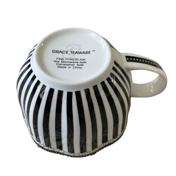 GRACE TEAWARE Black & White Striped Polka Dots Teacup and Saucer Set of 2 New - Picture 7 of 16